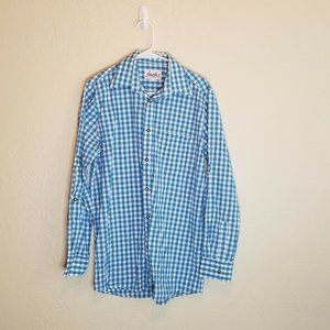Fuchs Trachtenmoden Blue White Checked Long Sleeve Cotton Men Shirt Size Small